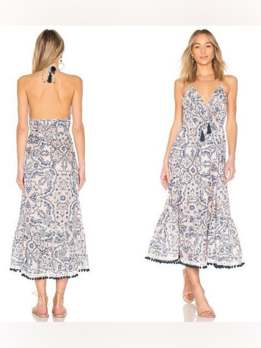 Tularosa Cecily Midi Dress Textile Print Boho Halter Tassel Pom Pom Size M
